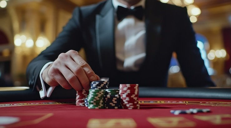 Tampilan meja Three Card Poker langsung di studio kasino ovo999